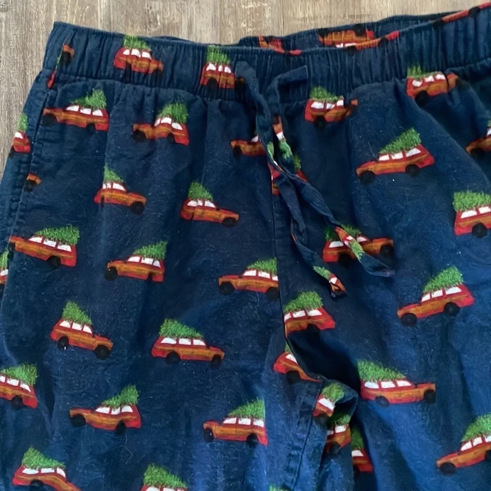 J. Crew Christmas pajama pants tree on wagon graphic